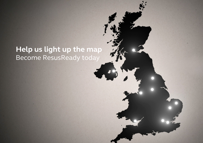 Map of the UK with glowing dots lighting it up. Help us light up the map. Become ResusReady today.