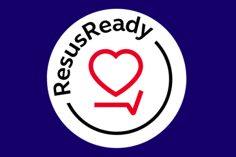 ResusReady logo with RCUK heart shape and ECG tick logo. 