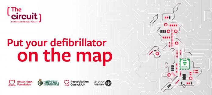 A map is shown with the text 'put your defibrillator on the map'
