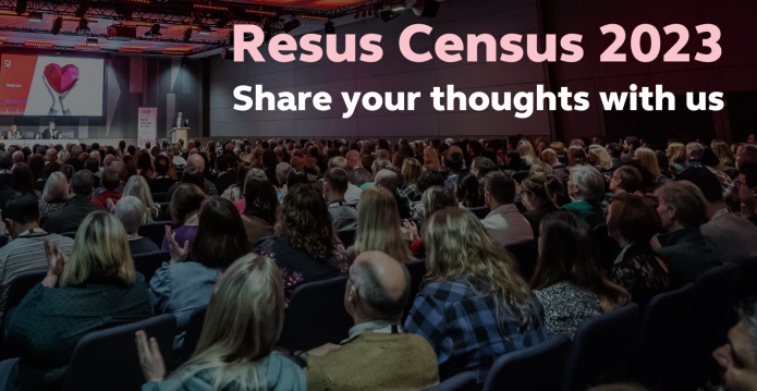 An image of the RCUK conference, lots of people in an auditorium looking at a screen which says 'thank you'. Text overlay reads 'Resus Census 2023. Share your thoughts with us'