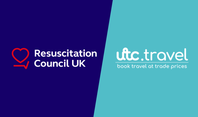 One half of the image has a dark blue background with the Resuscitation Council UK logo in white and red. The other half of the image has a teal background with the utc.travel logo in white, including the wording 'book travel at trade prices'.